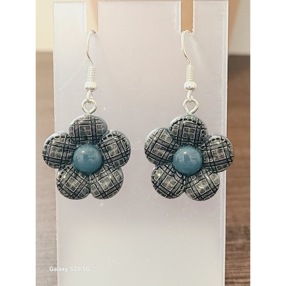 Handmade Jewelry - Handmade Blue Plaid Flower Resin Drop Earrings Silver French Hook Floral Dangle